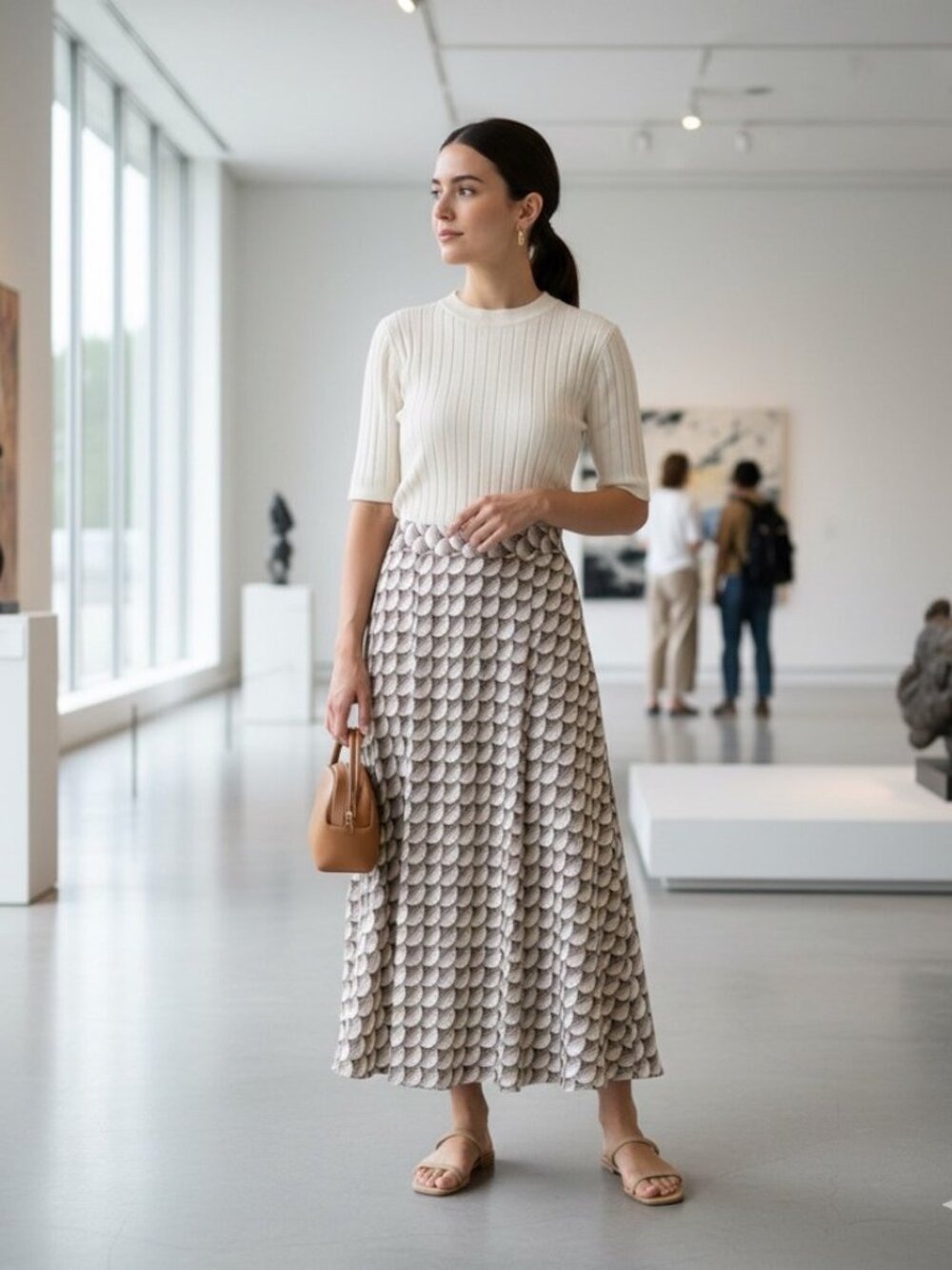 VINTAGE Tan Circle Print Midi Skirt Size XS